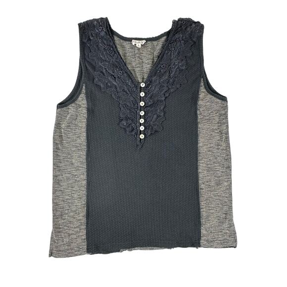 Pol Sleeveless Top Size Large Black Tan Multi Media Lace Waffle Knit Grunge Goth - Picture 8 of 10